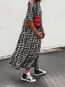 Women's Plus Colorblock Geometric Print Long Sleeve V Neck Slight Stretch Maxi Dress