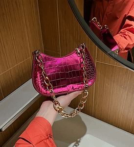 Glossy Patent Leather Shoulder Bag, Crocodile Embossed Handbags, Trendy Chain Square Purse For Women