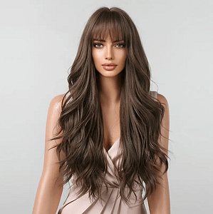 Long Brown Synthetic Wig With Bangs Heat Resistant Cosplay Wig 26 Inches