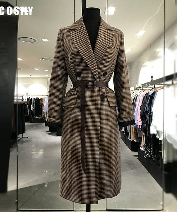 Korean Style Plaid Wool Long Coat Slim Fit