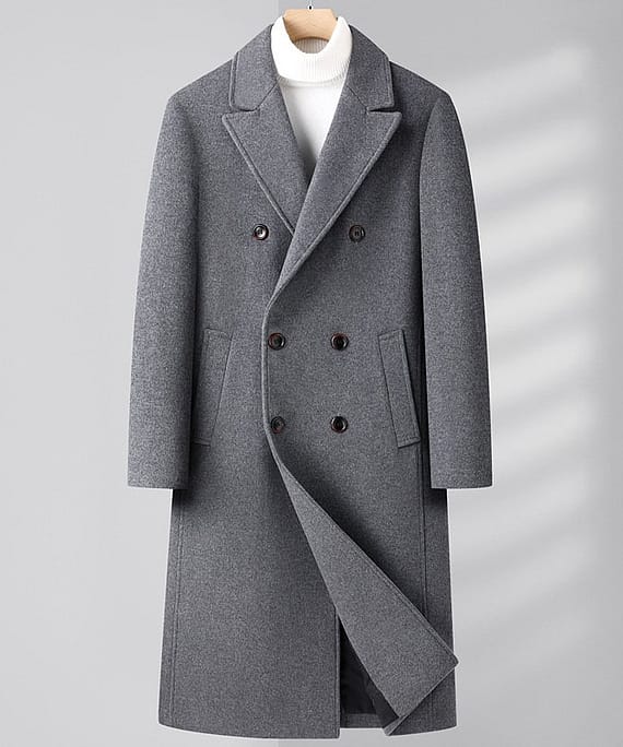 Autumn Winter Woolen Long Coat Double Breasted with Oblique Pocket for Men