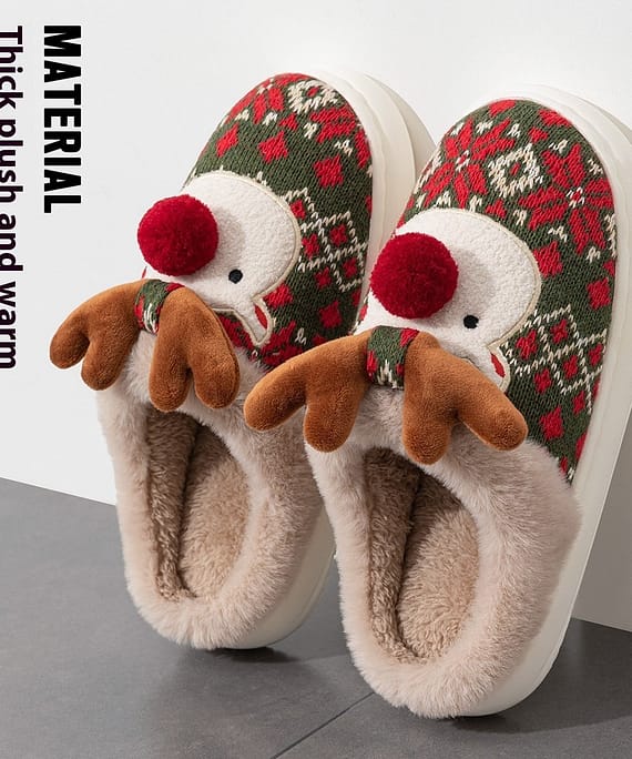 womens non-slip plush cute christmas elk cotton slippers