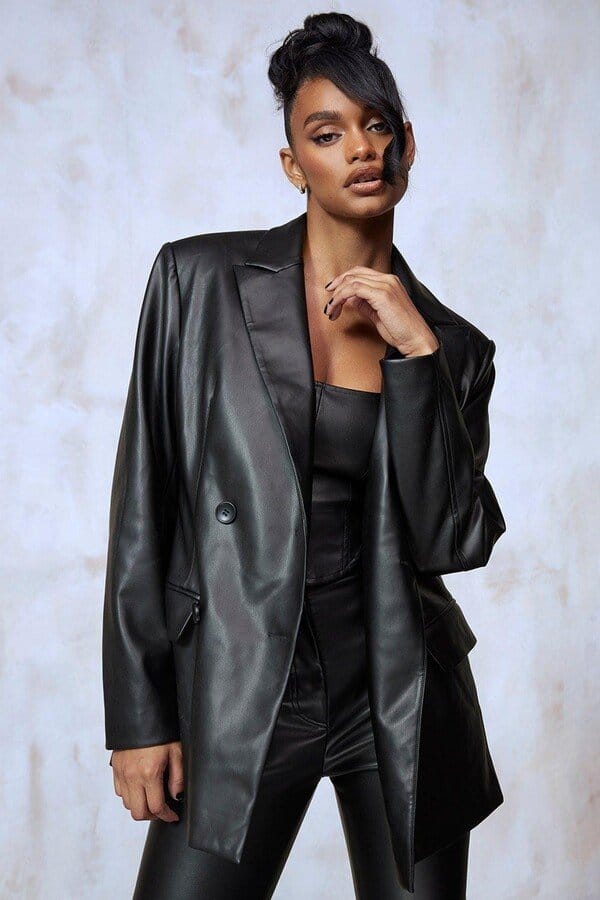 Double Breasted Faux Leather Blazer