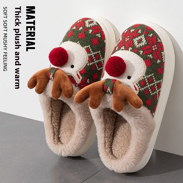 womens non-slip plush cute christmas elk cotton slippers